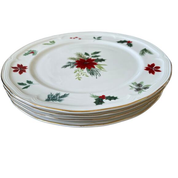 Grace Teaware Christmas Poinsettia Dinner Plates 10.25in Set 4 Holly Berry New - Picture 5 of 16